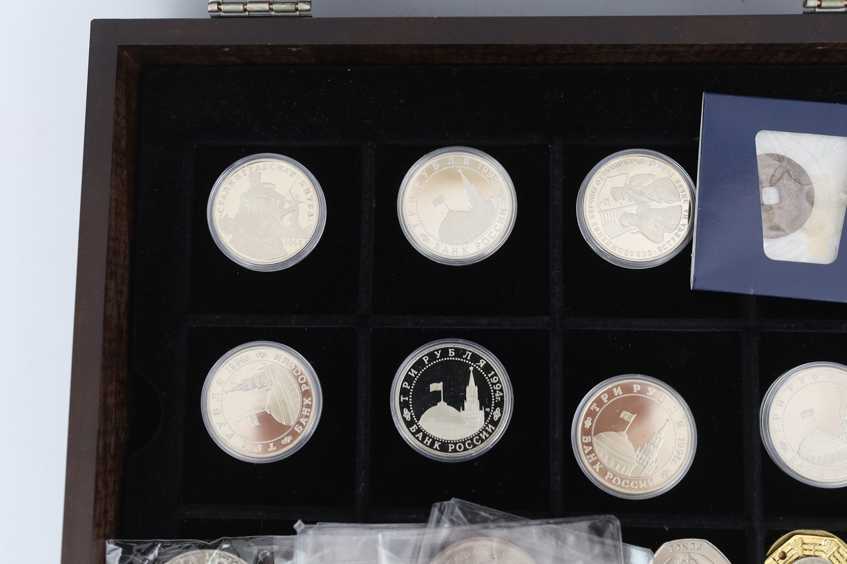 Russian Federation, A collection of 20 proof three rouble coins, 1994 and 1995 and QEII British coins